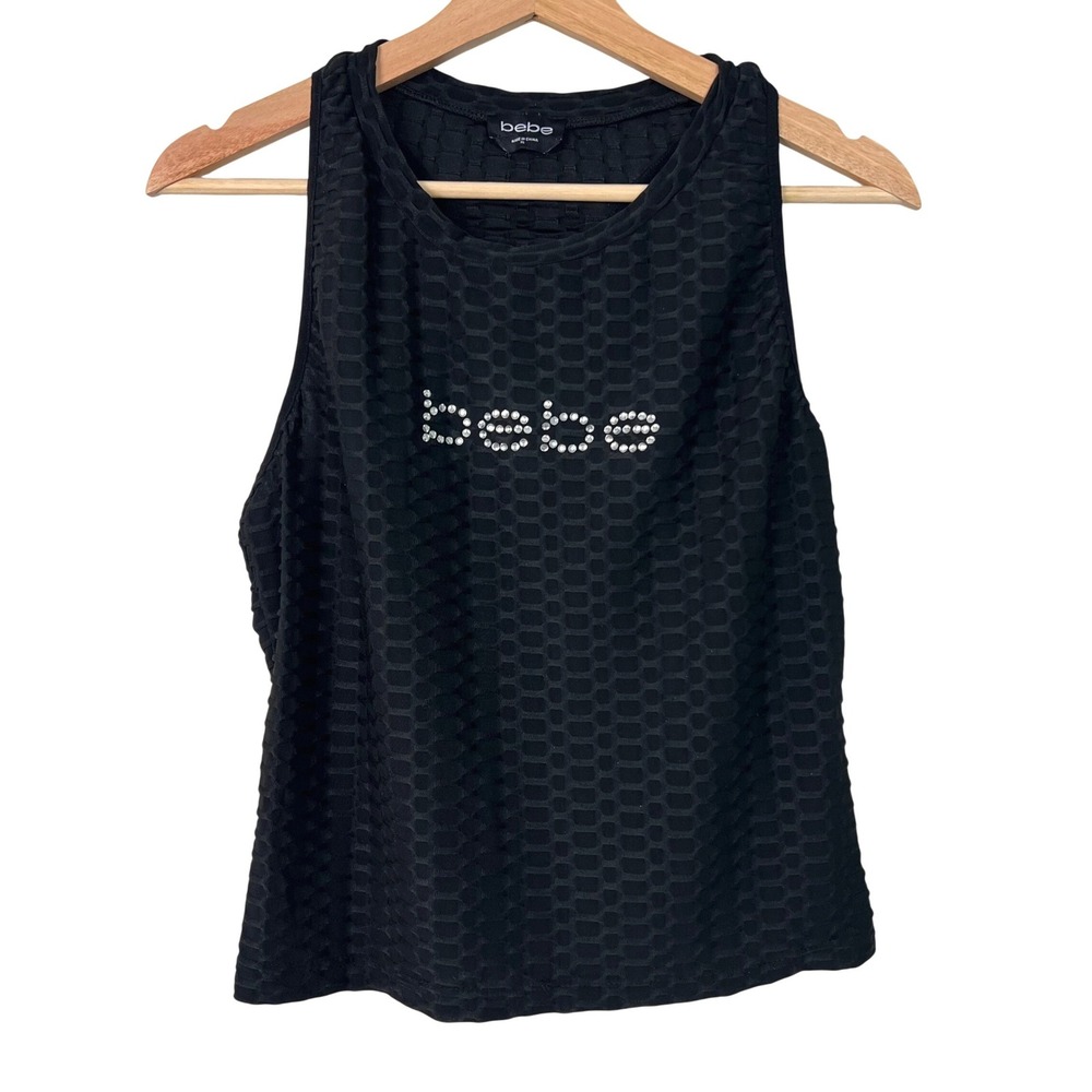 Bebe‎ Womens Black Textured Honeycomb Rhinestone Logo Racerback Tank Top XL